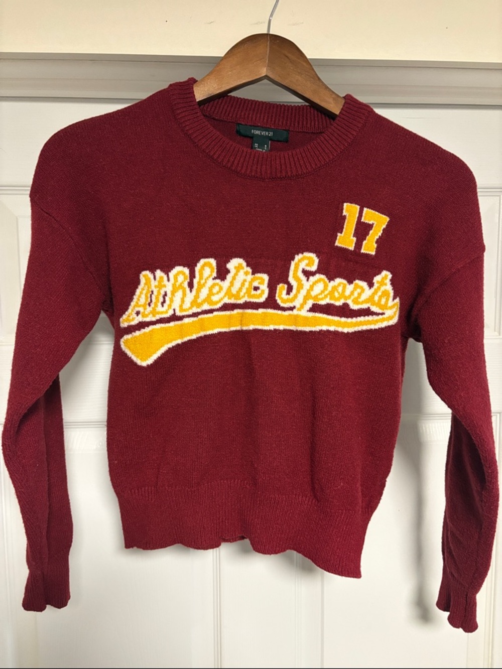 Forever 21 Maroon Crewneck Sweater with Yellow & White Athletic Script